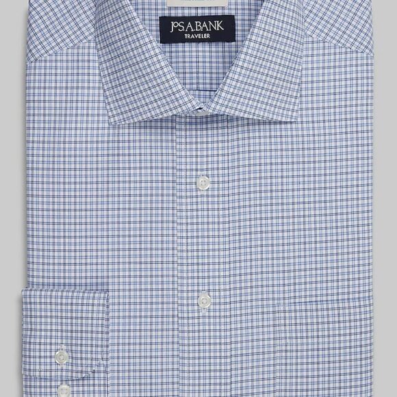 Jos. A. Bank Traveler Men’s Dress Shirt Tailored Fit 16-33 Blue Check Spread - Picture 1 of 16